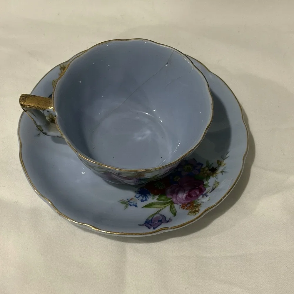 Vintage Richard Japan Teacup Set Blue Gold Flowers Cottage Core‎